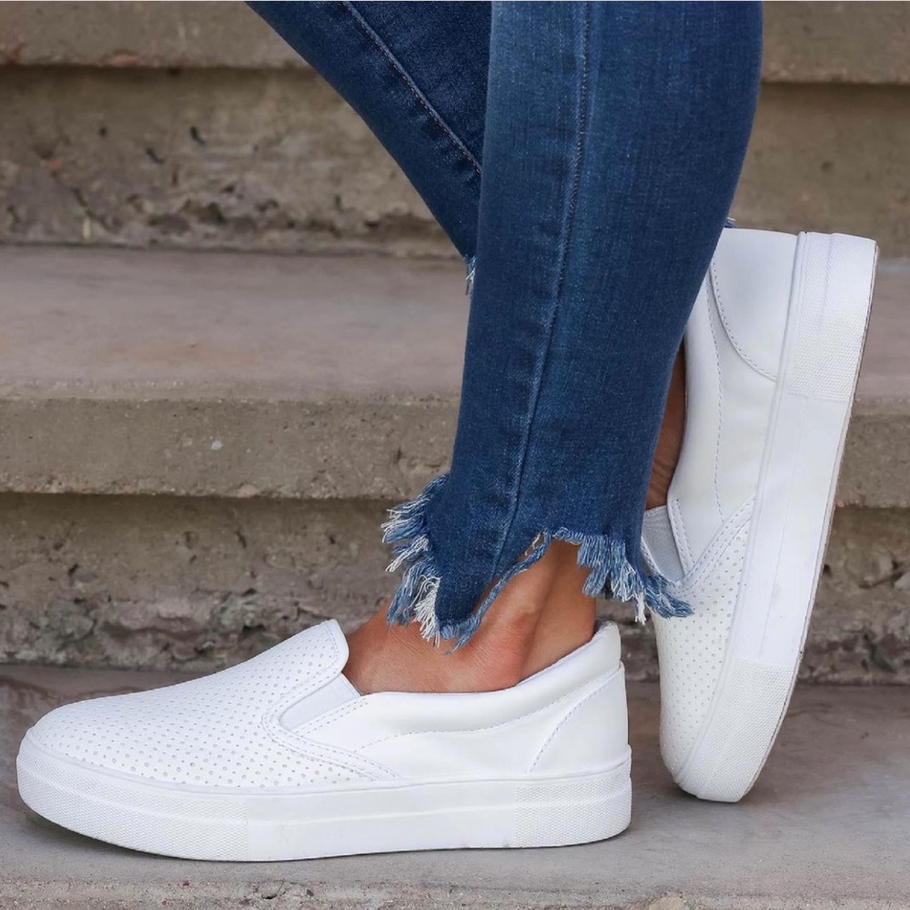 White perforated vegan leather Slip on sneakers